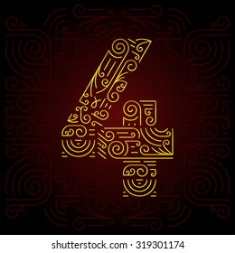 Tipo de letra geométrica del tipo de línea monocroma del vector Gold para texto de diseño. Elementos de diseño de monograma dorado para la invitación, la postal o la publicidad. Número 4