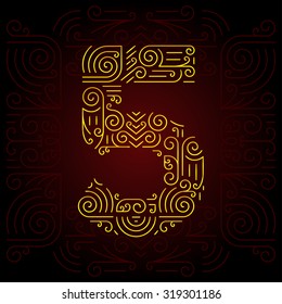 Vector Gold Mono Line style Geometric Font for Design Text. Golden Monogram Design elements for Invitation, Postcard or Advertising. Number 5