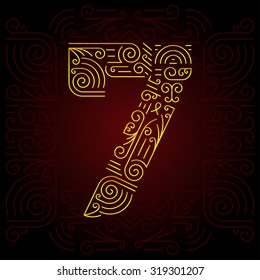 Vector Gold Mono Line style Geometric Font for Design Text. Golden Monogram Design elements for Invitation, Postcard or Advertising. Number 7