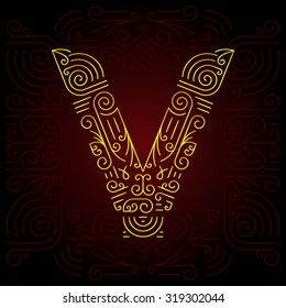 Tipo de letra geométrica de la línea monocromática Vector Gold para texto de diseño, eslogan, plantilla o publicidad. Elementos de diseño de monograma dorado para la invitación, la postal, las insignias o la publicidad. Letra V