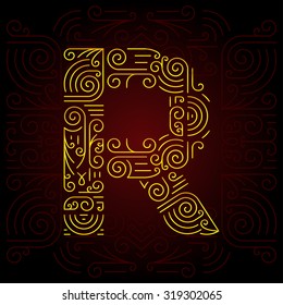 Vector Gold Mono Line style Geometric Font for Design Text, Slogan, Template or Advertising. Golden Monogram Design elements for Invitation, Postcard, Badges or Advertising. Letter R