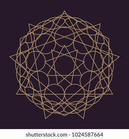 Vector gold monochrome design abstract mandala sacred geometry illustration geometry isolated dark brown background.
