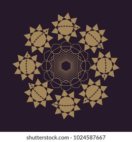 Vector gold monochrome design abstract mandala sacred geometry illustration geometry isolated dark brown background.