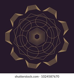 Vector gold monochrome design abstract mandala sacred geometry illustration geometry isolated dark brown background.