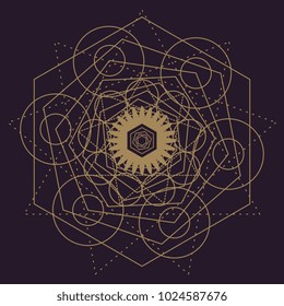 Vector gold monochrome design abstract mandala sacred geometry illustration geometry isolated dark brown background.
