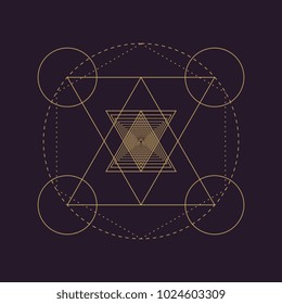 Vector gold monochrome design abstract mandala sacred geometry illustration triangles. Unique Merkaba Seed of life signs isolated dark brown background.