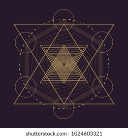 Vector gold monochrome design abstract mandala sacred geometry illustration triangles. Unique Merkaba Seed of life signs isolated dark brown background.