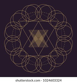 Vector gold monochrome design abstract mandala sacred geometry illustration triangles. Unique Merkaba Seed of life signs isolated dark brown background.