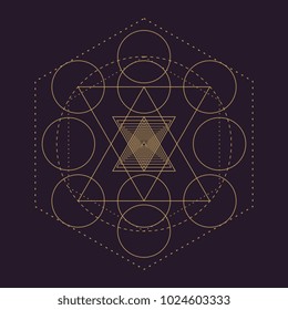 Vector gold monochrome design abstract mandala sacred geometry illustration triangles. Unique Merkaba Seed of life signs isolated dark brown background.