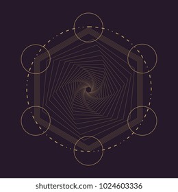 Vector gold monochrome design abstract mandala sacred geometry illustration triangles. Unique Merkaba Seed of life signs isolated dark brown background.