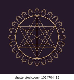 Vector gold monochrome design abstract mandala sacred geometry vector illustration Flower of life. Merkaba lotus isolated dark brown background.
