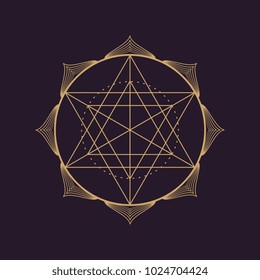 Vector gold monochrome design abstract mandala sacred geometry vector illustration Flower of life. Merkaba lotus isolated dark brown background.