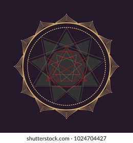 Vector gold monochrome design abstract mandala sacred geometry vector illustration Flower of life. Merkaba lotus isolated dark brown background.