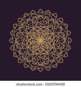 Vector gold monochrome design abstract mandala sacred geometry vector illustration Flower of life. Merkaba lotus isolated dark brown background.