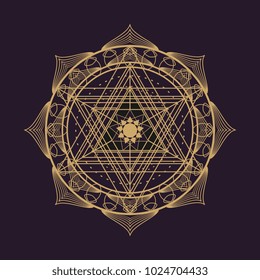 Vector gold monochrome design abstract mandala sacred geometry vector illustration Flower of life. Merkaba lotus isolated dark brown background.