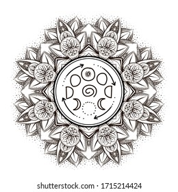 vector gold monochrome design abstract mandala sacred geometry illustration Moon phases Merkaba lotus isolated dark brown background