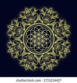 vector oro monocromo diseño mandala abstracta geometría sagrada ilustración Flor de vida Merkaba loto aislado fondo marrón oscuro