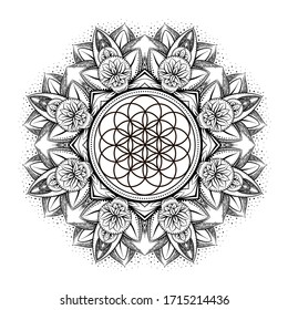 vector gold monochrome design abstract mandala sacred geometry illustration Flower of life Merkaba lotus isolated dark brown background