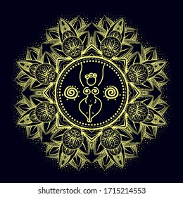 vector gold monochrome design abstract mandalasacred female figure Merkaba lotus isolated dark brown background