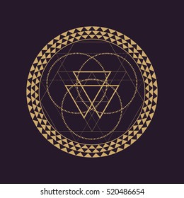 vector gold monochrome design abstract mandala sacred geometry illustration triangle circles isolated dark brown background  
