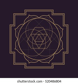 vector gold monochrome design abstract mandala sacred geometry illustration triangle hexagons lotus isolated dark brown background  
