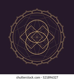 vector gold monochrome design abstract mandala sacred geometry illustration squares circles isolated dark brown background  
