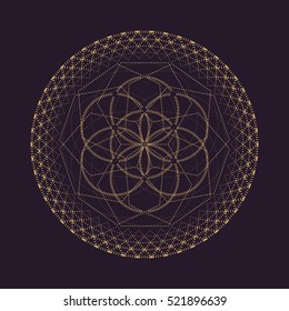 vector gold monochrome design abstract mandala sacred geometry illustration Seed of life isolated dark brown background  

