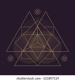 vector gold monochrome design abstract mandala sacred geometry illustration triangles Merkaba Seed of life signs isolated dark brown background  
