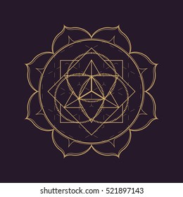 vector gold monochrome design abstract mandala sacred geometry illustration triangle circles Merkaba lotus isolated dark brown background  
