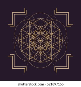 vector gold monochrome design abstract mandala sacred geometry illustration Metatron's cube circles isolated dark brown background  
