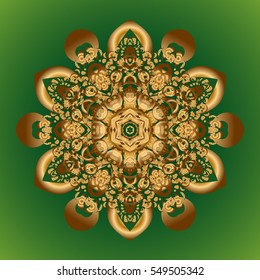 Vector gold monochrome design abstract mandala sacred geometry illustration triangle circles Merkaba lotus isolated on a green background.