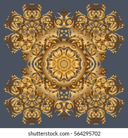 Vector gold monochrome design abstract mandala sacred geometry illustration triangle circles Merkaba lotus isolated on a gray background.