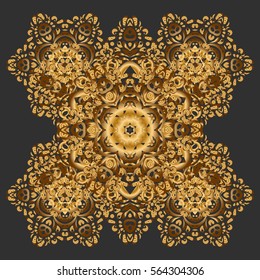 Vector gold monochrome design abstract mandala sacred geometry illustration triangle circles Merkaba lotus isolated on a gray background.