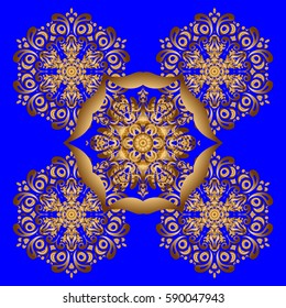 Vector gold monochrome design abstract mandala sacred geometry illustration triangle circles Merkaba lotus isolated on a blue background.