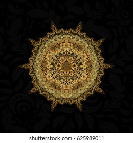 Vector gold monochrome design abstract mandala sacred geometry illustration triangle circles Merkaba lotus isolated on a black background.