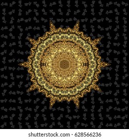 Vector gold monochrome design abstract mandala sacred geometry illustration triangle circles Merkaba lotus isolated on a black background.