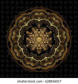 Vector gold monochrome design abstract mandala sacred geometry illustration triangle circles Merkaba lotus isolated on a black background.