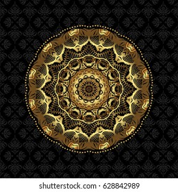 Vector gold monochrome design abstract mandala sacred geometry illustration triangle circles Merkaba lotus isolated on a black background.