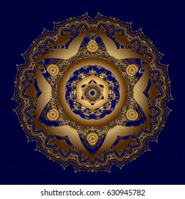 Vector gold monochrome design abstract mandala sacred geometry illustration triangle circles Merkaba lotus isolated on a blue background.