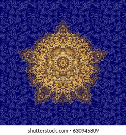 Vector gold monochrome design abstract mandala sacred geometry illustration triangle circles Merkaba lotus isolated on a blue background.