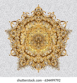 Vector gold monochrome design abstract mandala sacred geometry illustration triangle circles Merkaba lotus isolated on a gray background.