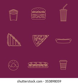 vector gold monochrome outline various fast food french fries hamburger cheeseburger hot dog coffee cup pizza cola soda club sandwich baguette donut icons set purple background 