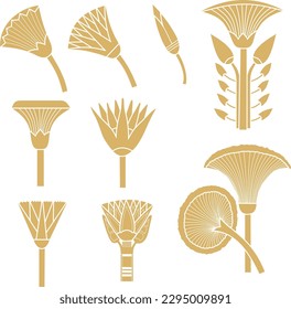 Vector gold monochrome set of ancient Egyptian signs and symbols. Lotus flower.