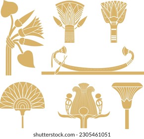 Conjunto monocromo de oro vectorial de signos y símbolos egipcios antiguos. Flor de Lotus.