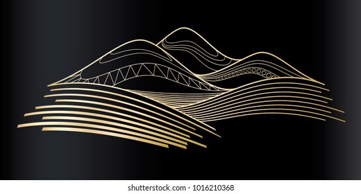 Vector gold mountains line illustration on black background