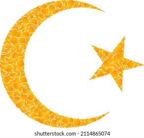 Mosaiksymbol des Goldmuslims des Mondes. Muslimischer Mond ist einzeln auf weißem Hintergrund. Gold-Elemente-Muster basierend auf dem Moonsymbol. Mosaikmuslim Mond-ikonisches Bild ist aus gelben Gegenständen gemacht.