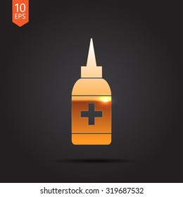 Vector gold nasal spray bottle on dark background . Medical icon 