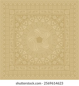 Vector gold native american folk ornament. Square pattern, scarf of the peoples of America, Aztec, Incas, Maya