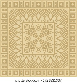 Ornamento folclórico nativo americano de oro Vector. Patrón cuadrado, bufanda de los pueblos de América, Azteca, Incas, Maya