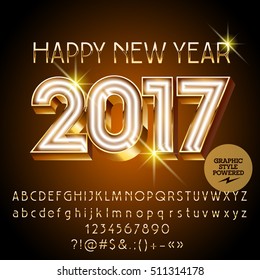 Vector gold neon Happy New Year 2017 greeting card with set of letters, symbols and numbers. File contains graphic styles